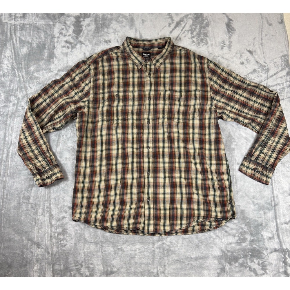 Prana Button Down Shirt Mens XL Tan Plaid‎ Organic Cotton Flannel Outdoor Casual